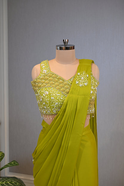 Crafted In Luxurious Chinnon Elegant Drape Saree