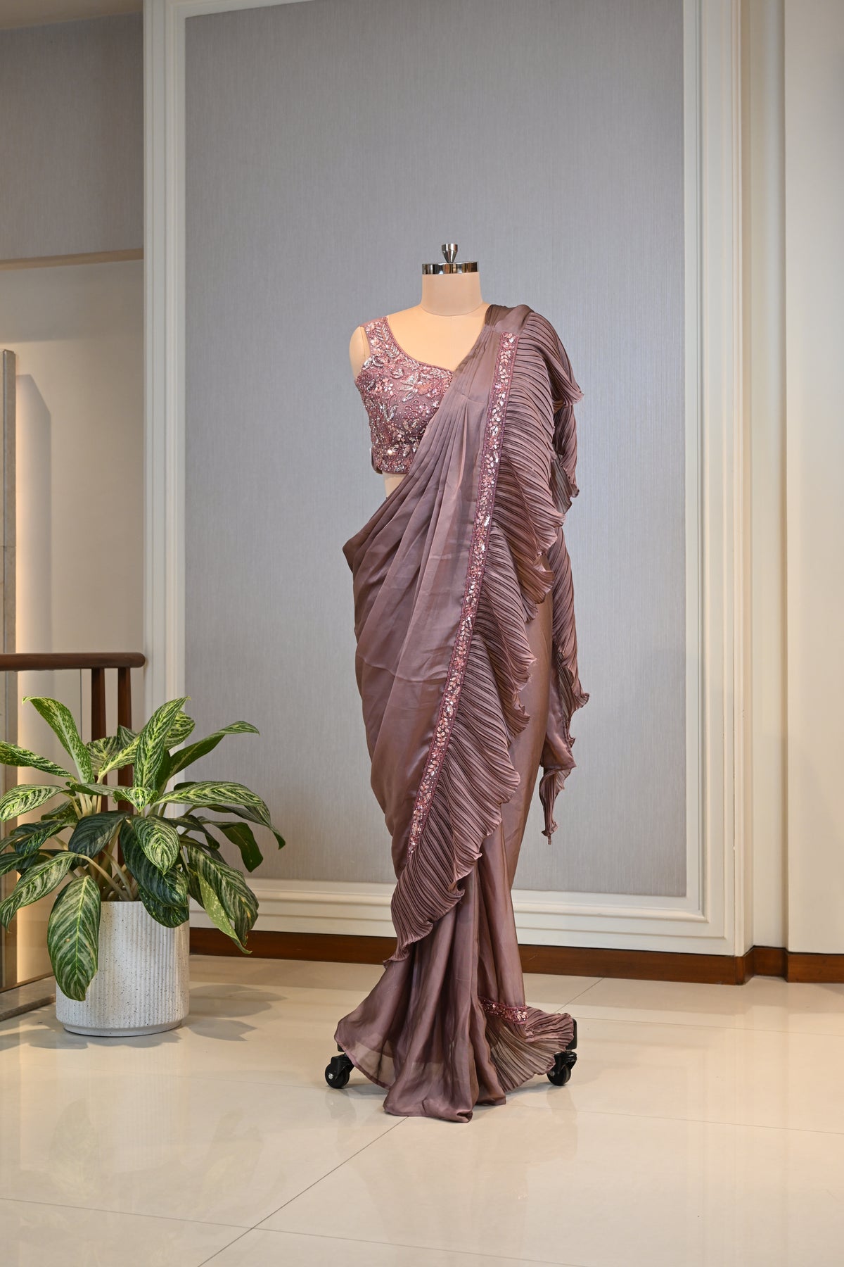 Mauve Taupe Crafted In Luxurious Chinnon Saree