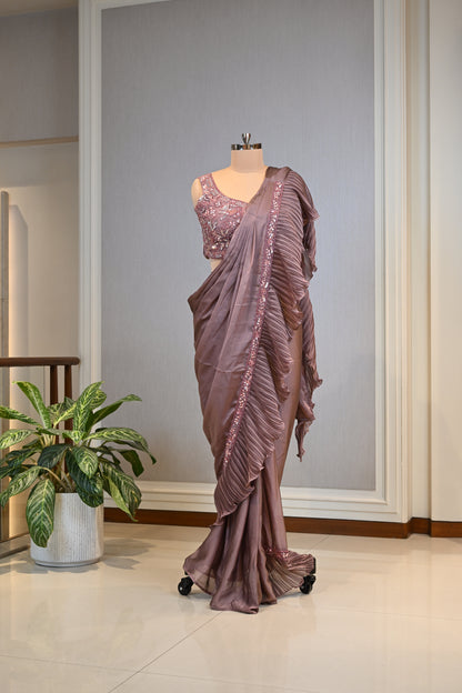 Mauve Taupe Crafted In Luxurious Chinnon Saree