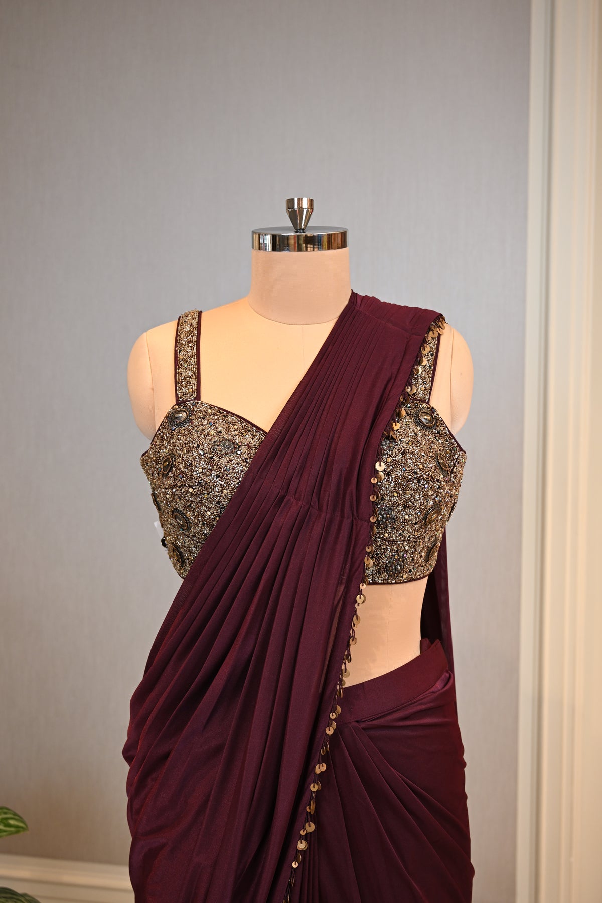 Crafted In Premium Lycra Wine Elegant Draped Saree