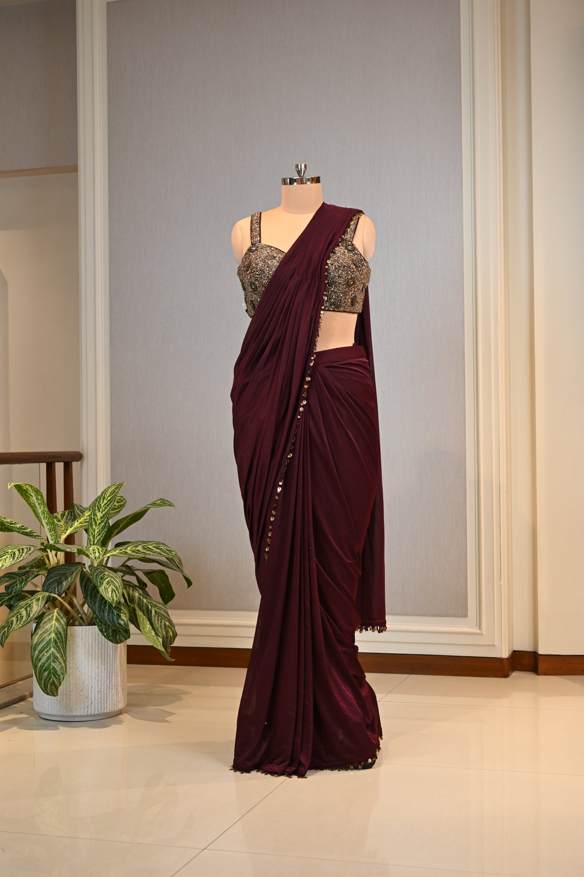 Crafted In Premium Lycra Wine Elegant Draped Saree