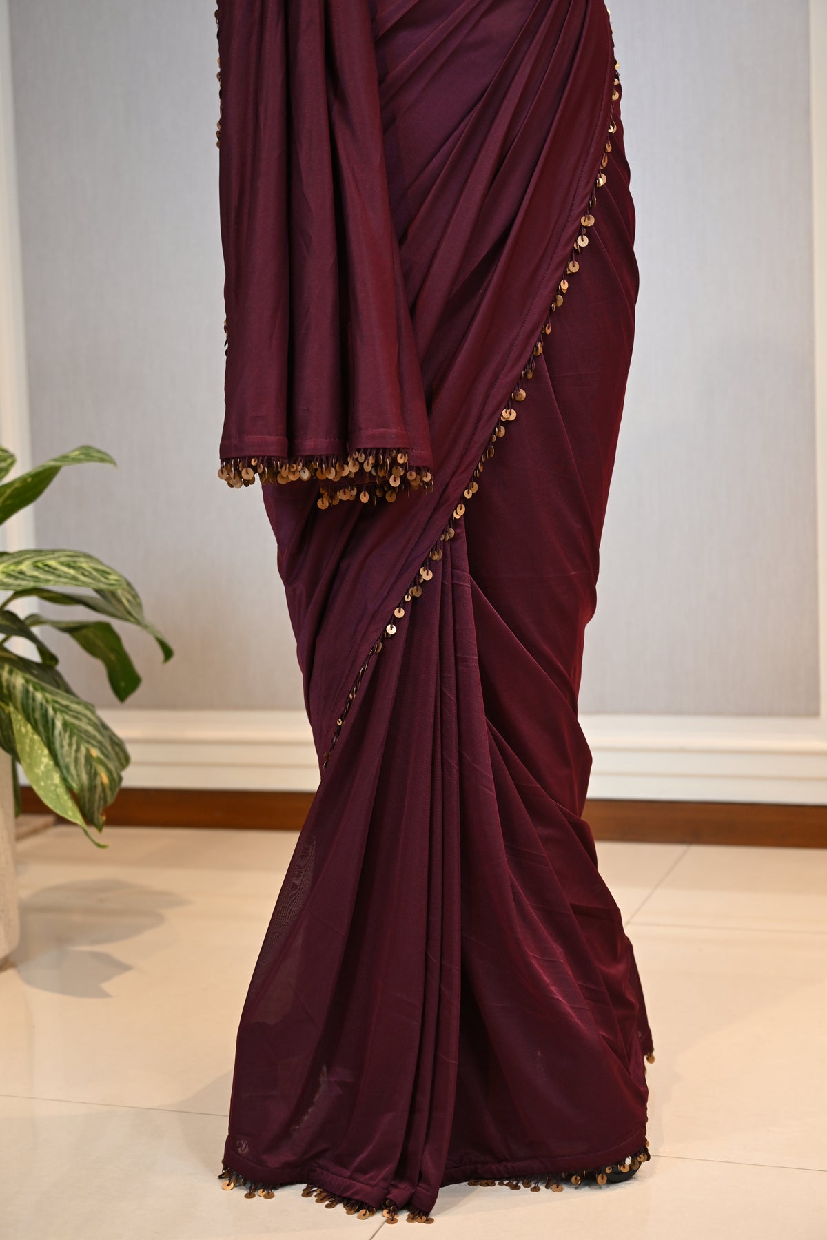 Crafted In Premium Lycra Wine Elegant Draped Saree