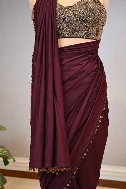 Crafted In Premium Lycra Wine Elegant Draped Saree