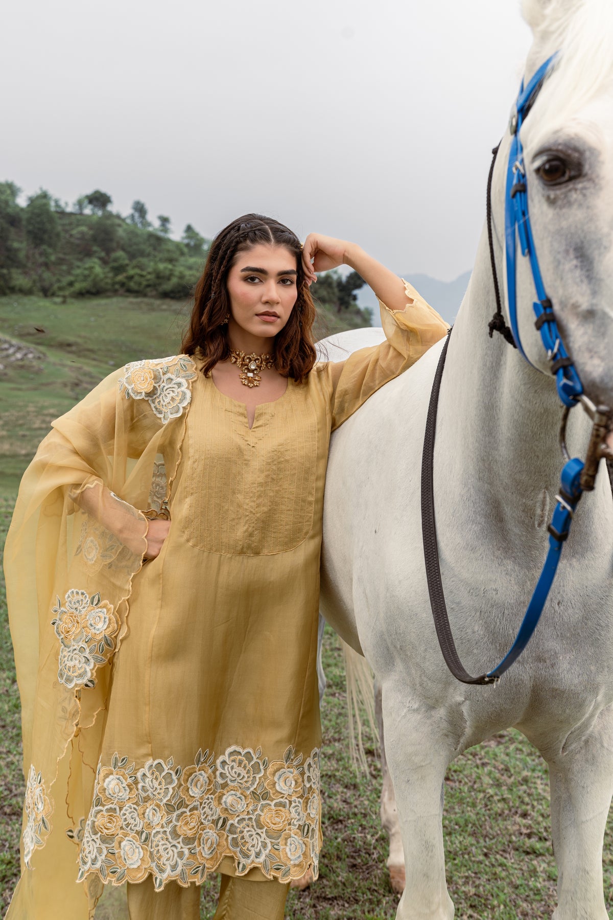 Elegant Organza Thread  Dori Work Unstitched Suit Set