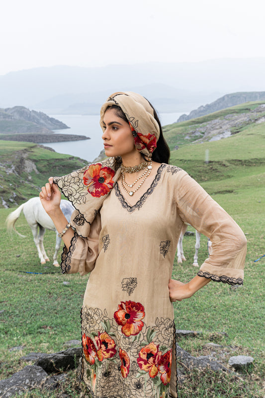 Organza Thread-Work Unstitched Suit Set