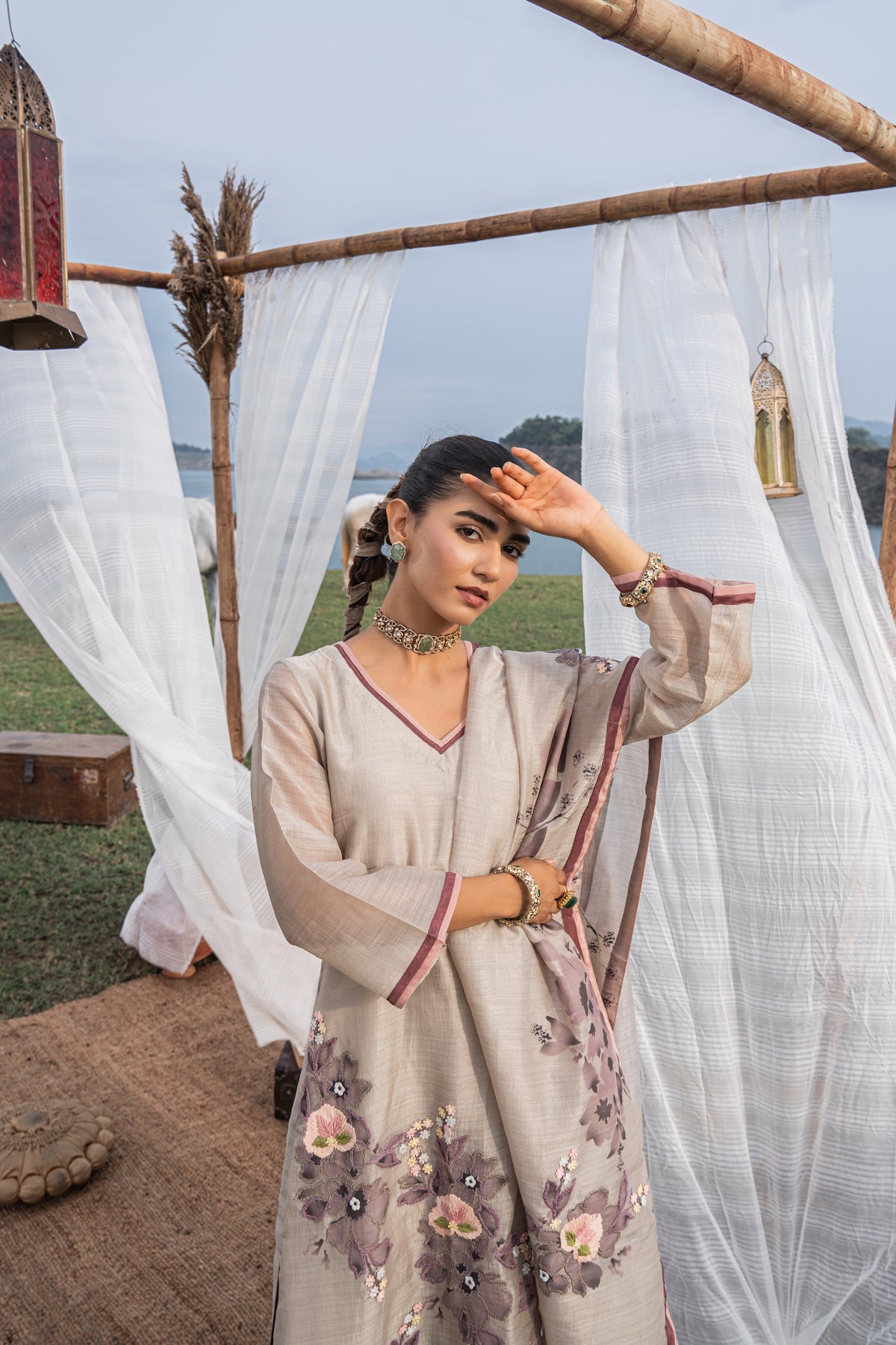 Khadi Silk Dori Work Embellished Unstitched Suit Set