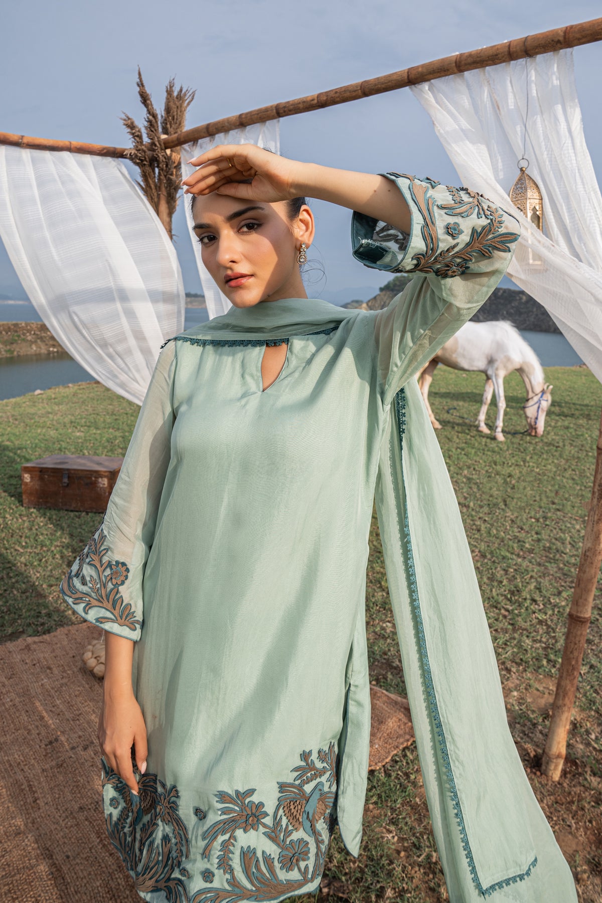 Organza Leather Patchwork Embroidered Unstitching Suit