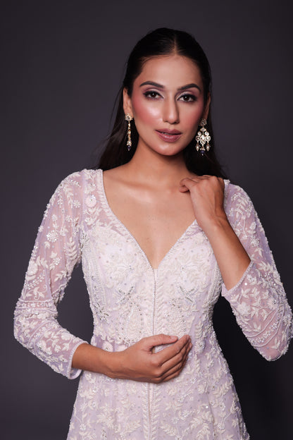 Ivory Net Floral Embroidered Sharara Set