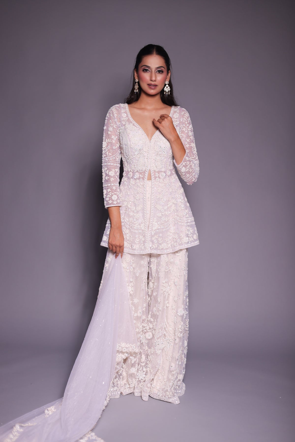 Ivory Net Floral Embroidered Sharara Set