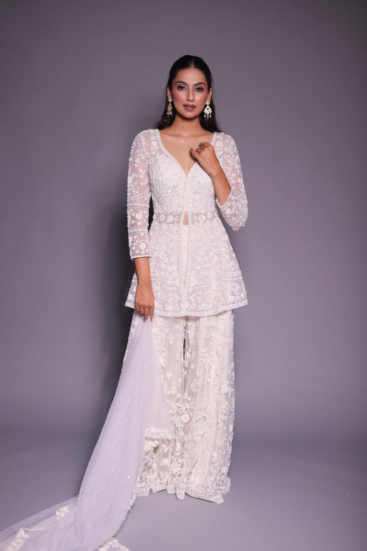 Ivory Net Floral Embroidered Sharara Set