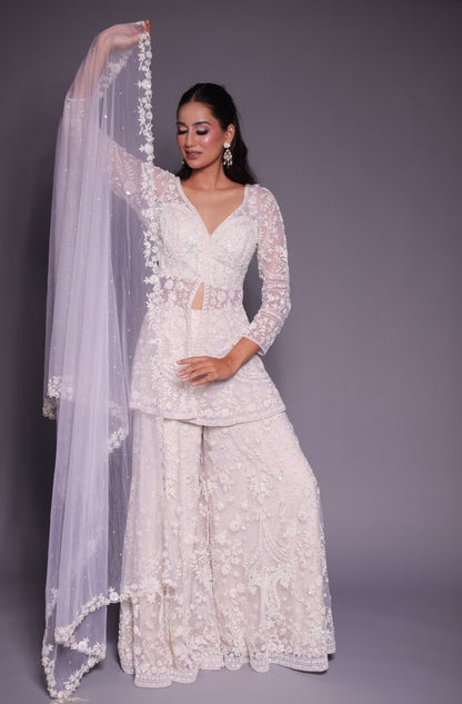 Ivory Net Floral Embroidered Sharara Set