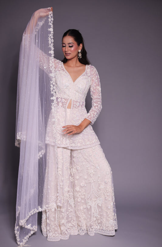 Ivory Net Floral Embroidered Sharara Set