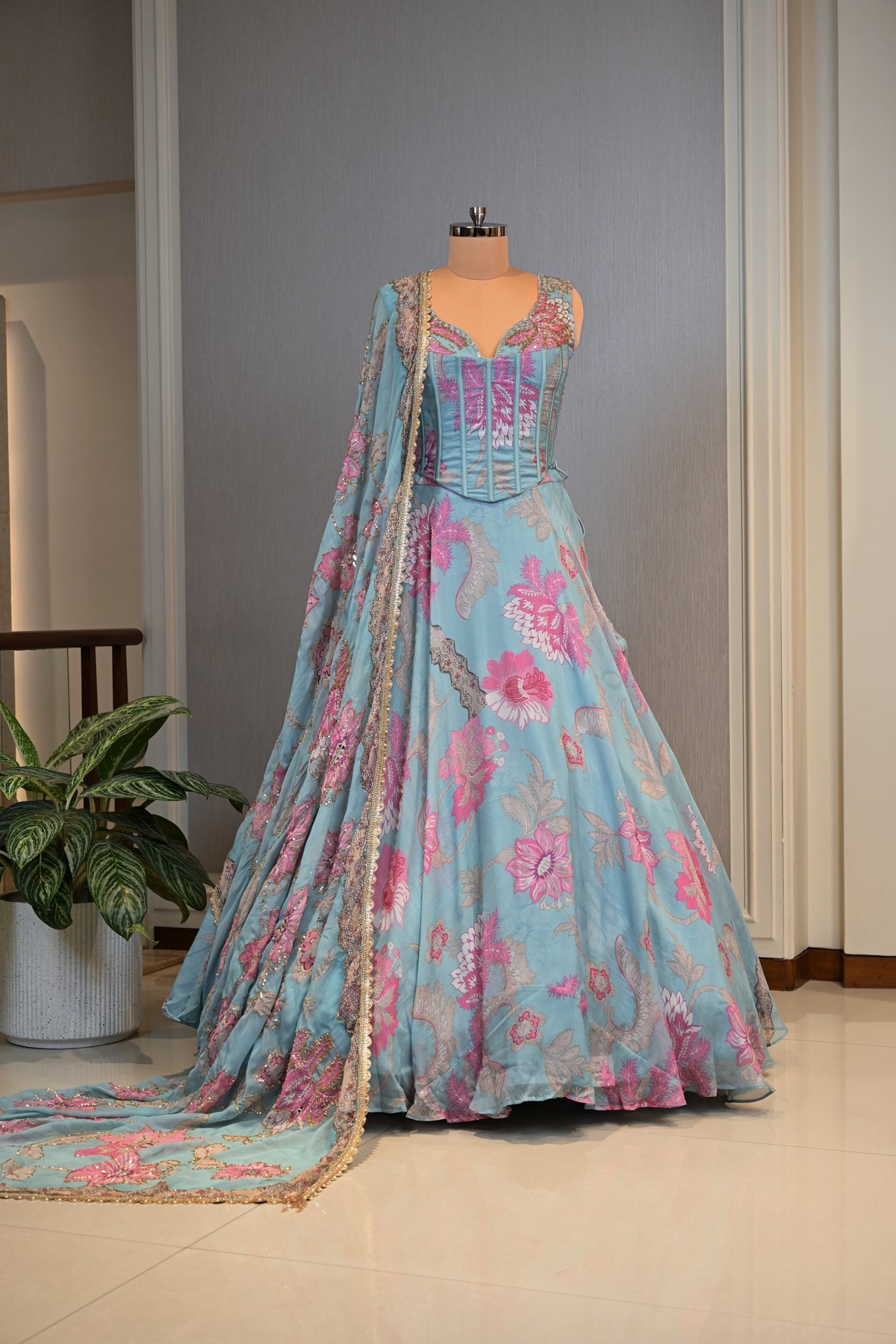 Sky Blue Georgette Printed Embellished lehenga Set