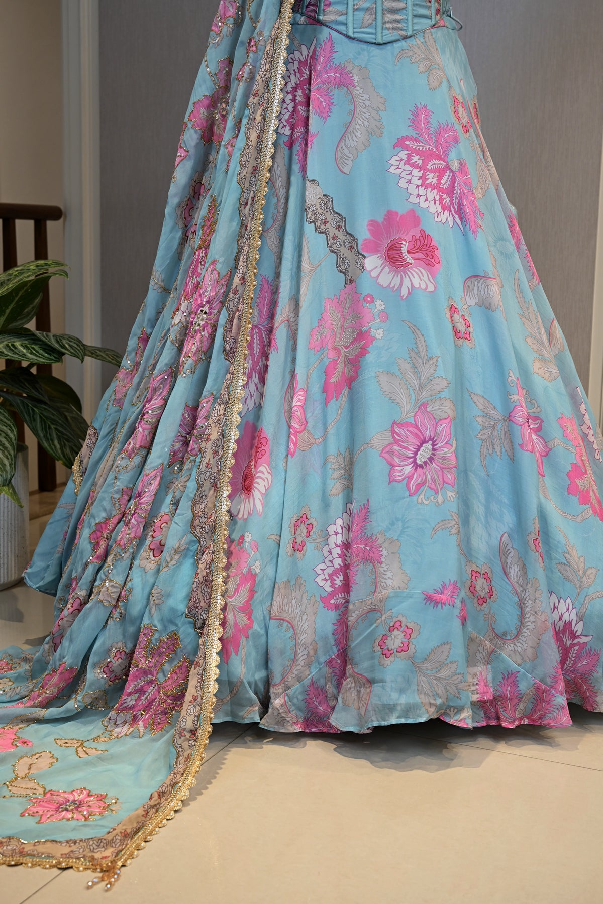 Sky Blue Georgette Printed Embellished lehenga Set