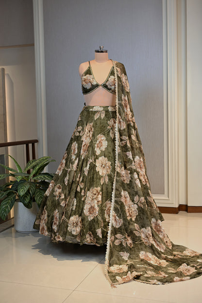 Elegant Forest Green Georgette With Print Lehenga Set