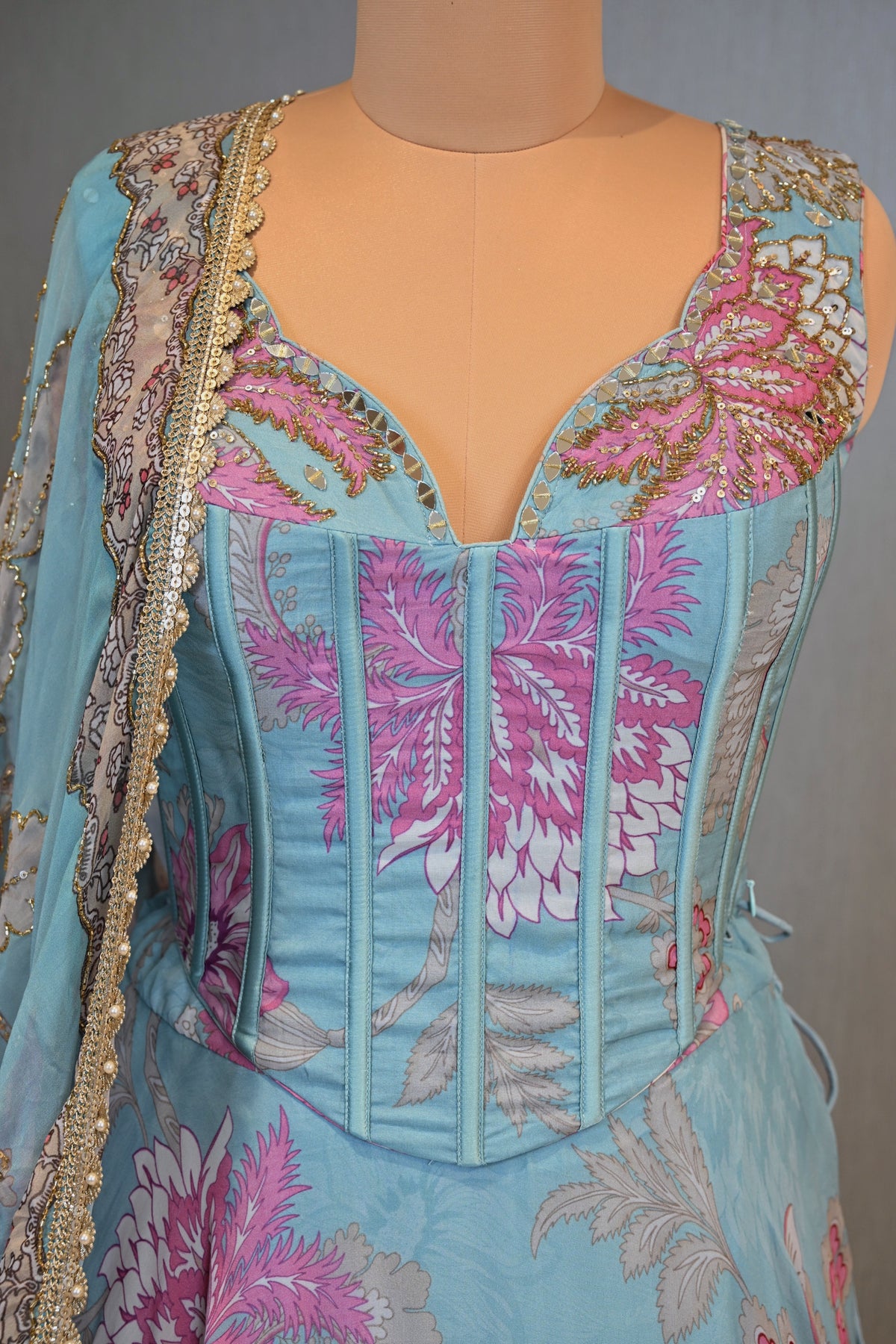 Sky Blue Georgette Printed Embellished lehenga Set