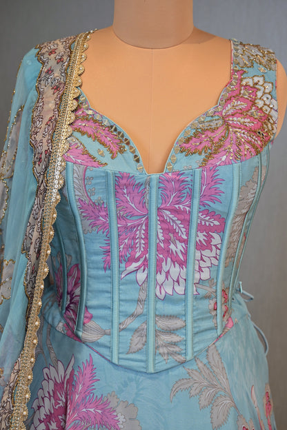 Sky Blue Georgette Printed Embellished lehenga Set