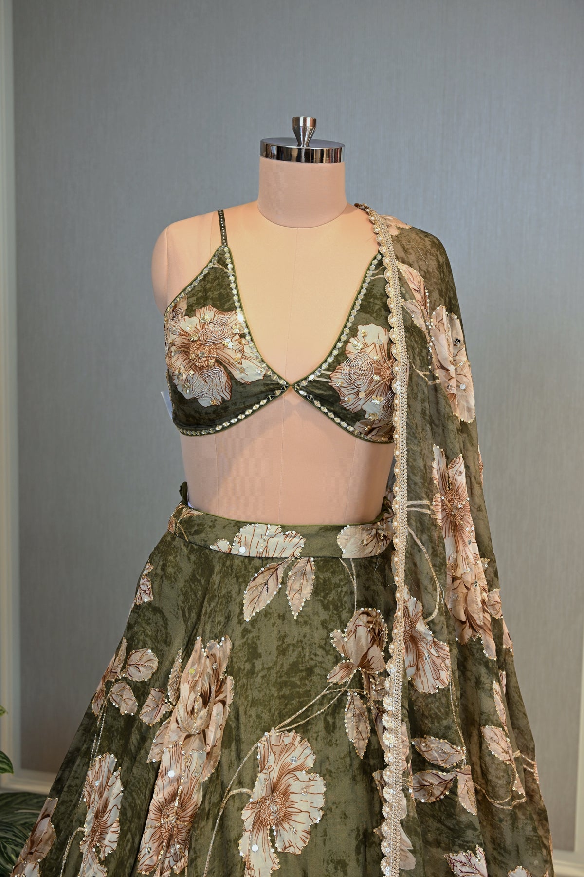 Elegant Forest Green Georgette With Print Lehenga Set