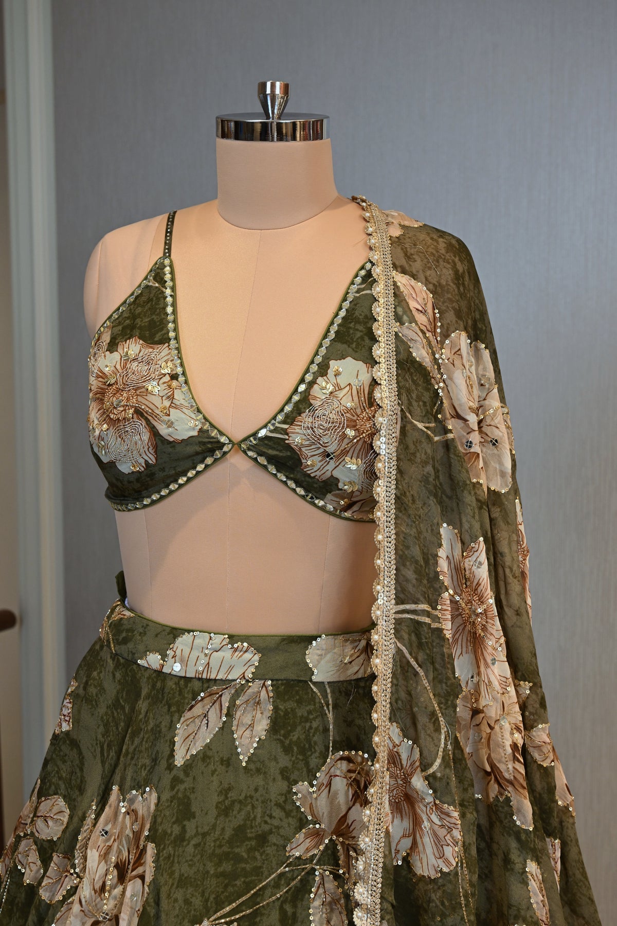 Elegant Forest Green Georgette With Print Lehenga Set