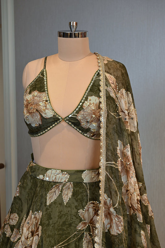 Elegant Forest Green Georgette With Print Lehenga Set
