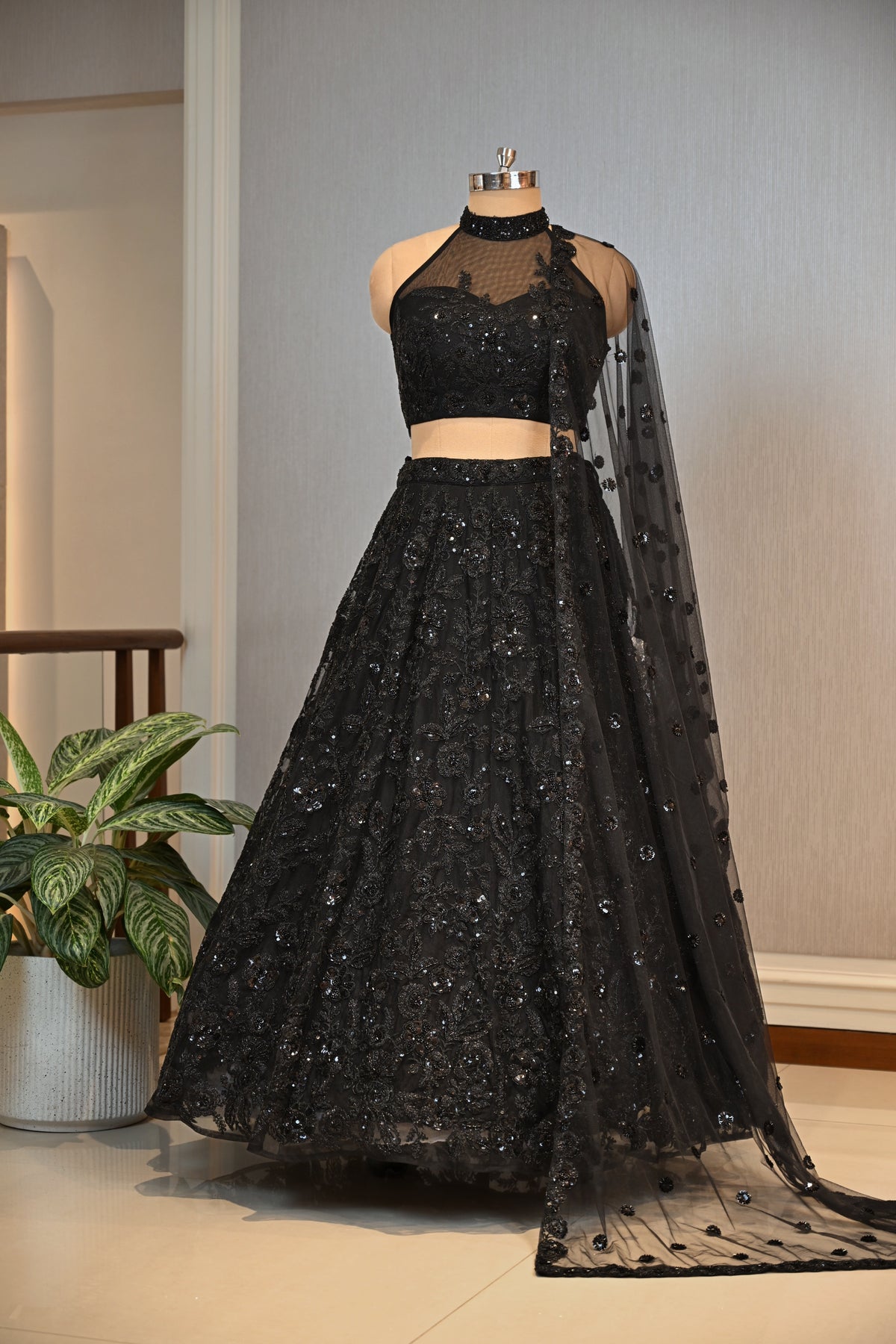 Crafted Net Fabric Embellished Lehenga Set
