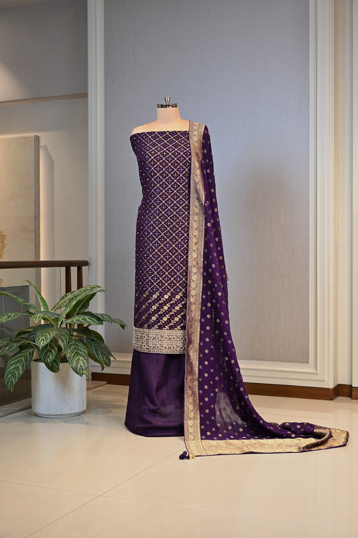 Georgette Banarsi Hand-Embroidered Unstitched Suit