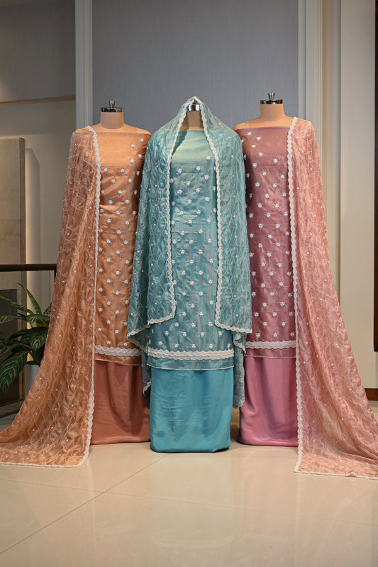 Shimmer Pearl Embellished Festive Unstitched Suit &nbsp;Set
