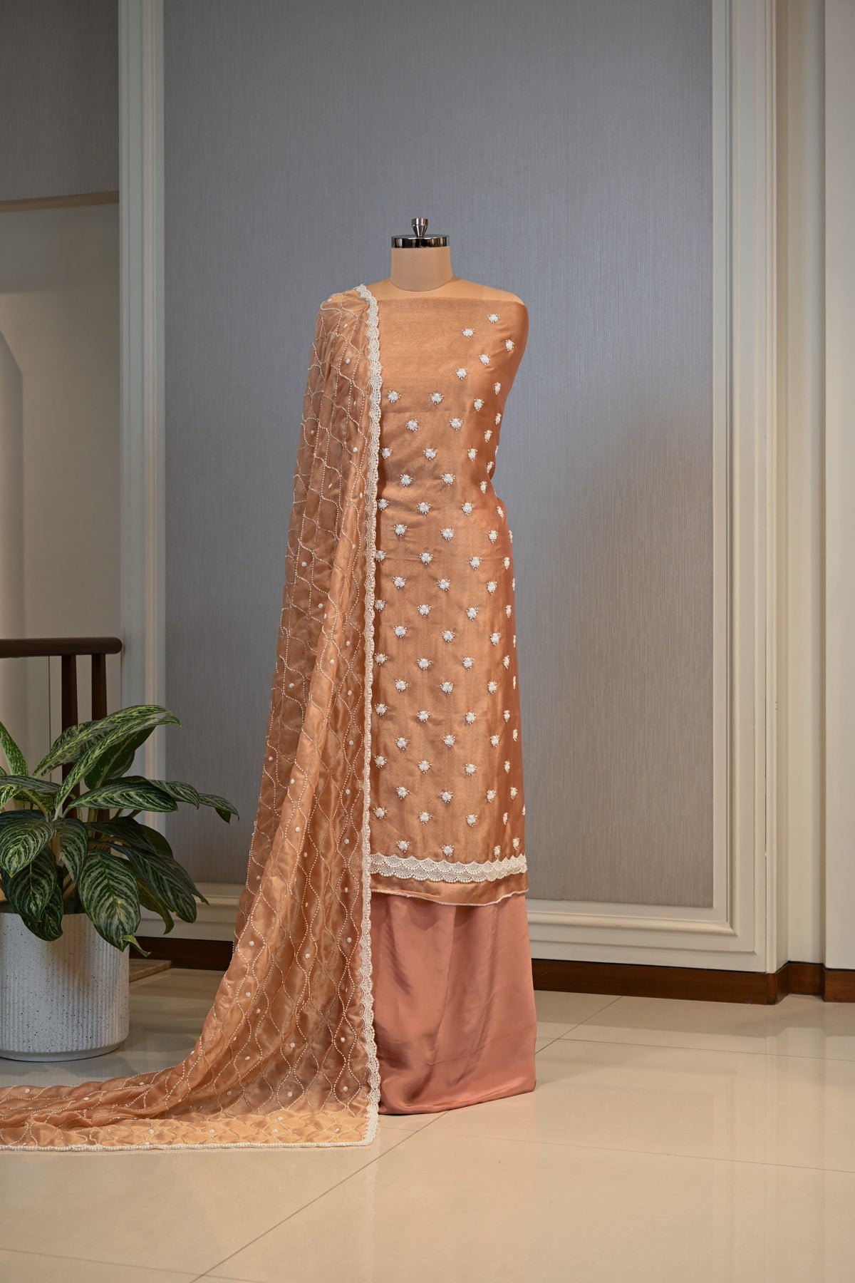 Shimmer Pearl Embellished Festive Unstitched Suit &nbsp;Set