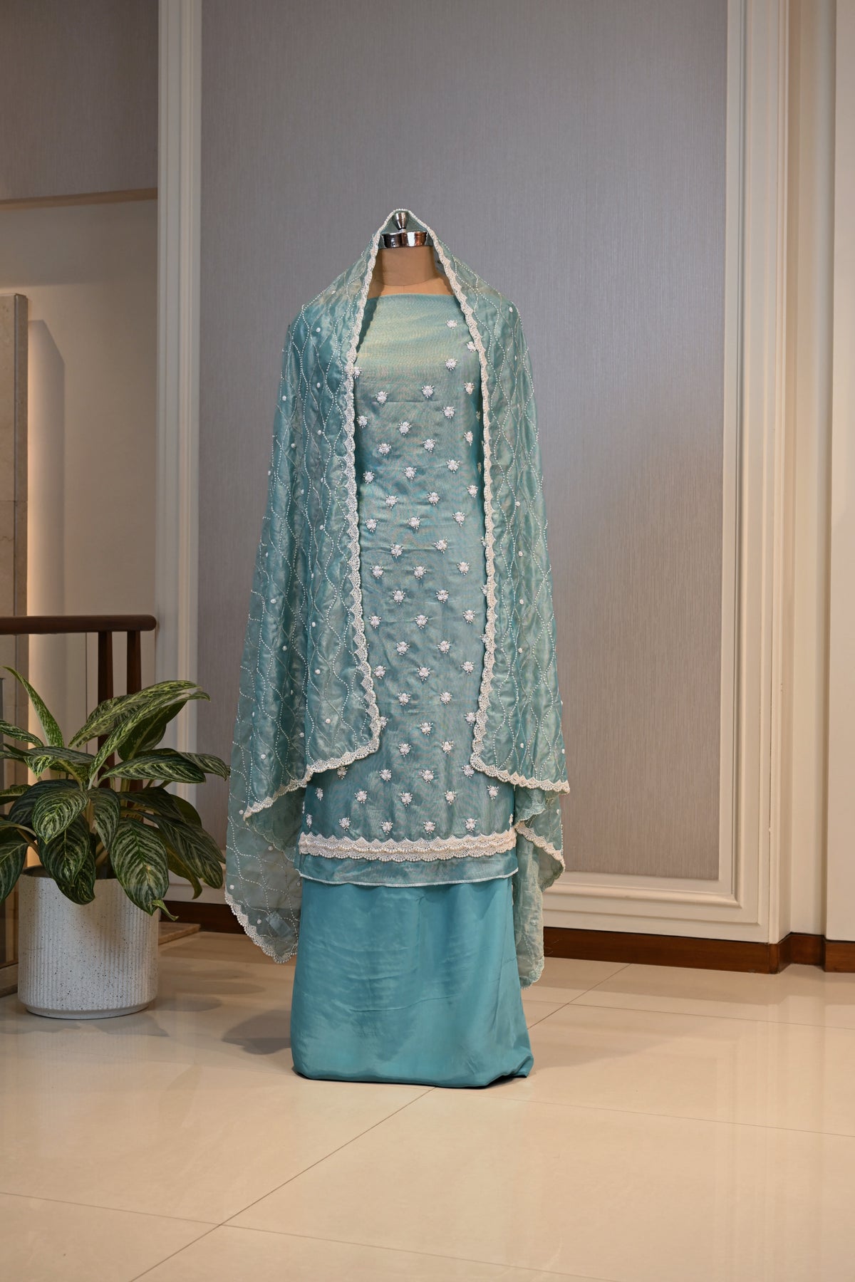 Shimmer Pearl Embellished Festive Unstitched Suit &nbsp;Set