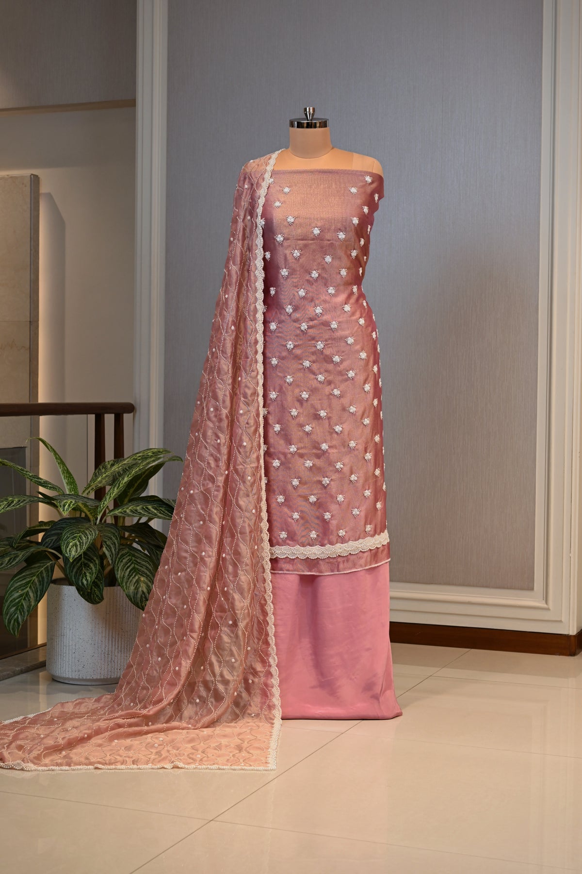 Shimmer Pearl Embellished Festive Unstitched Suit &nbsp;Set