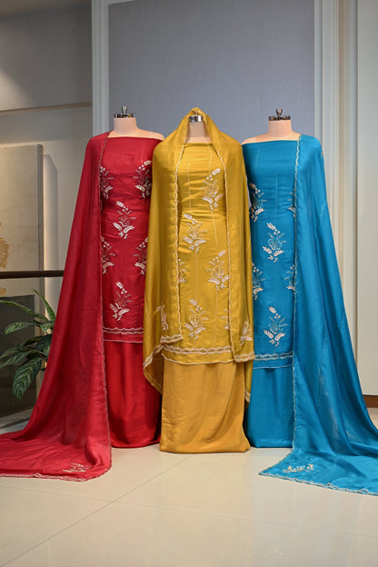 Hand-Embroidered Butter Silk Unstitched Suit Set