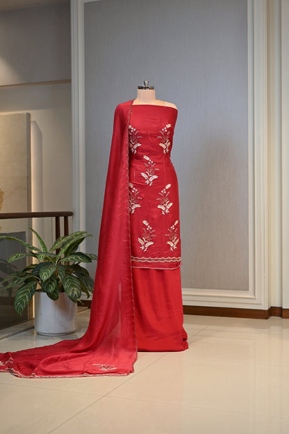 Hand-Embroidered Butter Silk Unstitched Suit Set