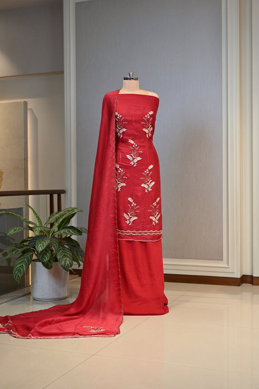 Hand-Embroidered Butter Silk Unstitched Suit Set