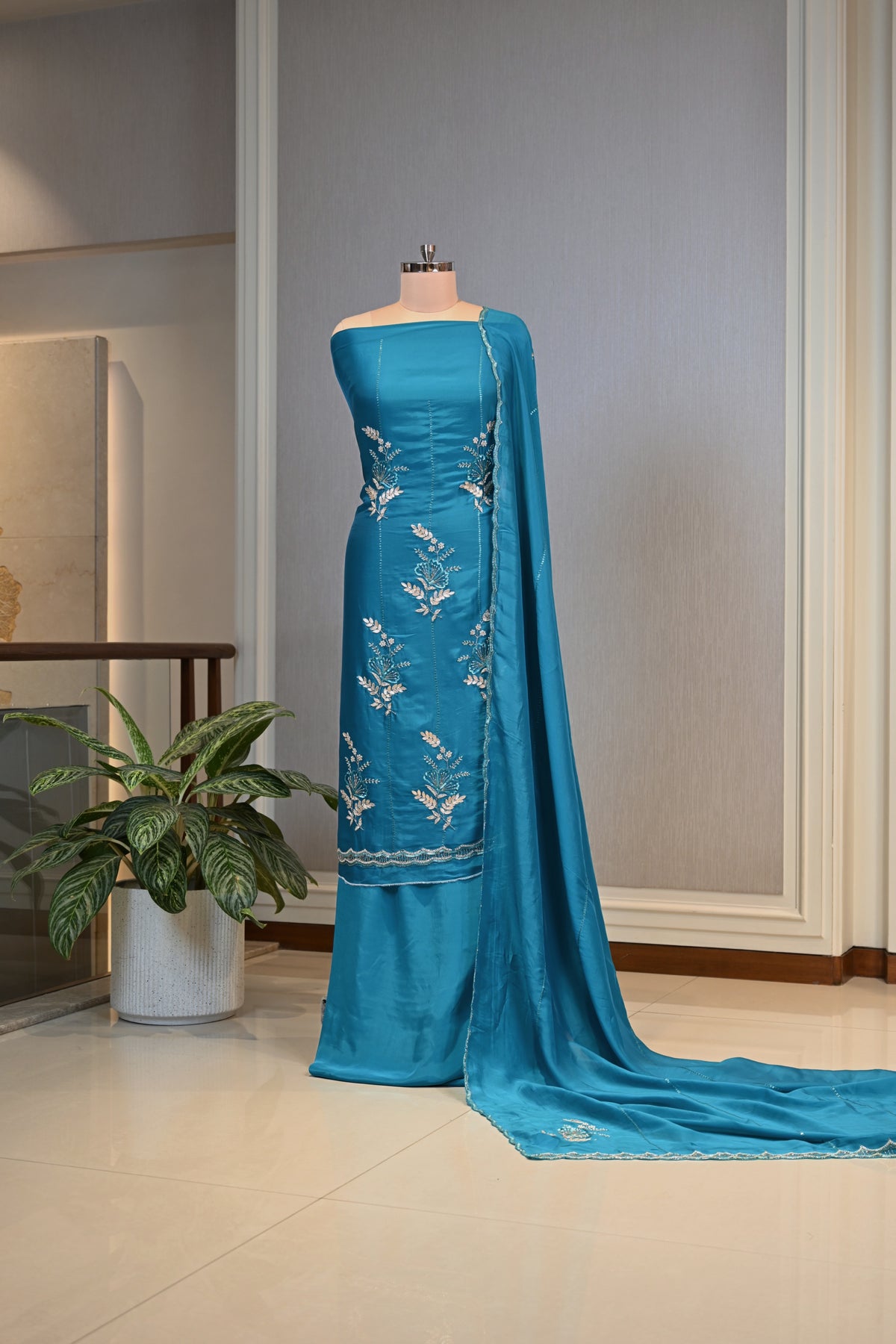 Hand-Embroidered Butter Silk Unstitched Suit Set