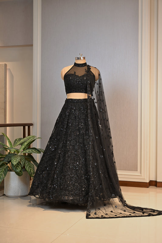 Crafted Net Fabric Embellished Lehenga Set