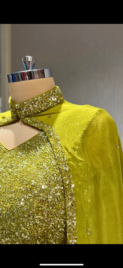 Contemporary Sequined Cape Lehenga Set in Olive Yellow-Green
