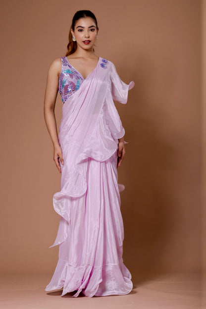 Lavender Chinon Pearls, Sequins Embellished Pre-draped Ruffle Saree