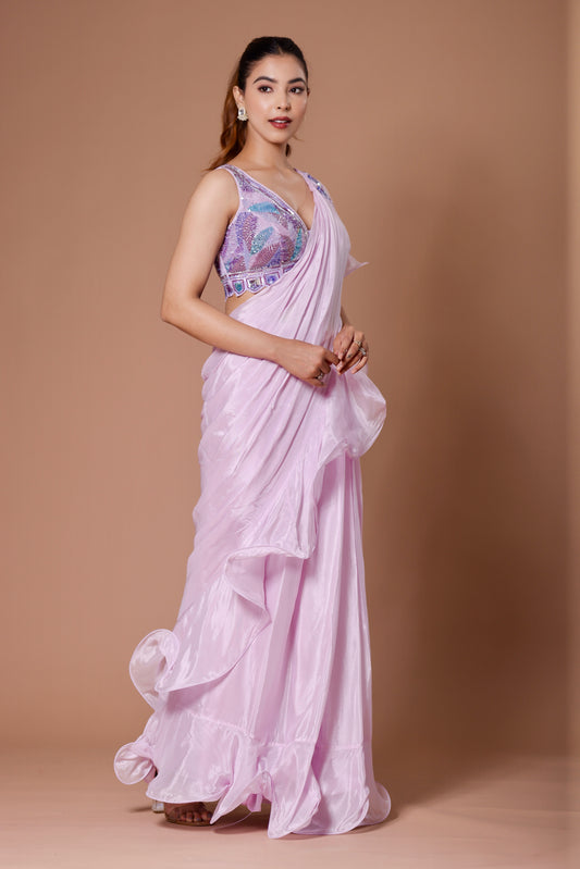 Lavender Chinon Pearls, Sequins Embellished Pre-draped Ruffle Saree