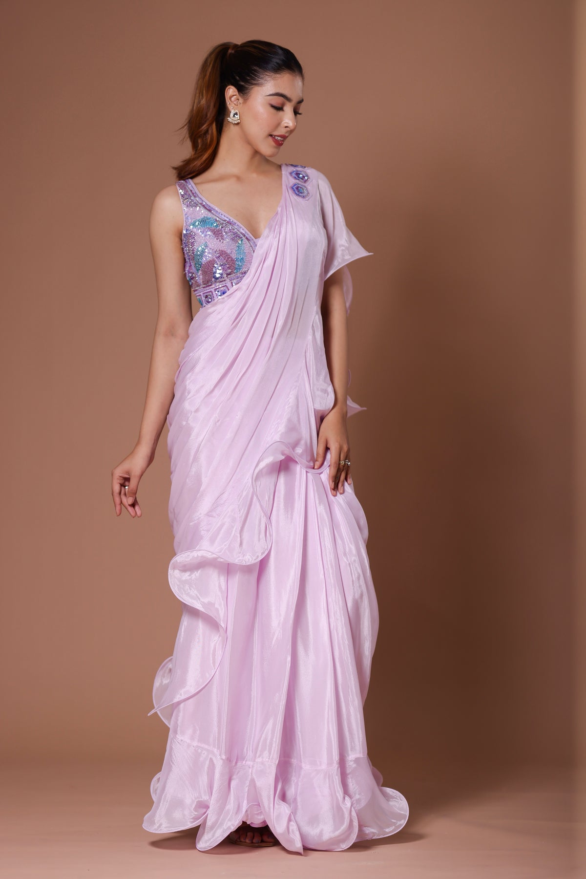 Lavender Chinon Pearls, Sequins Embellished Pre-draped Ruffle Saree