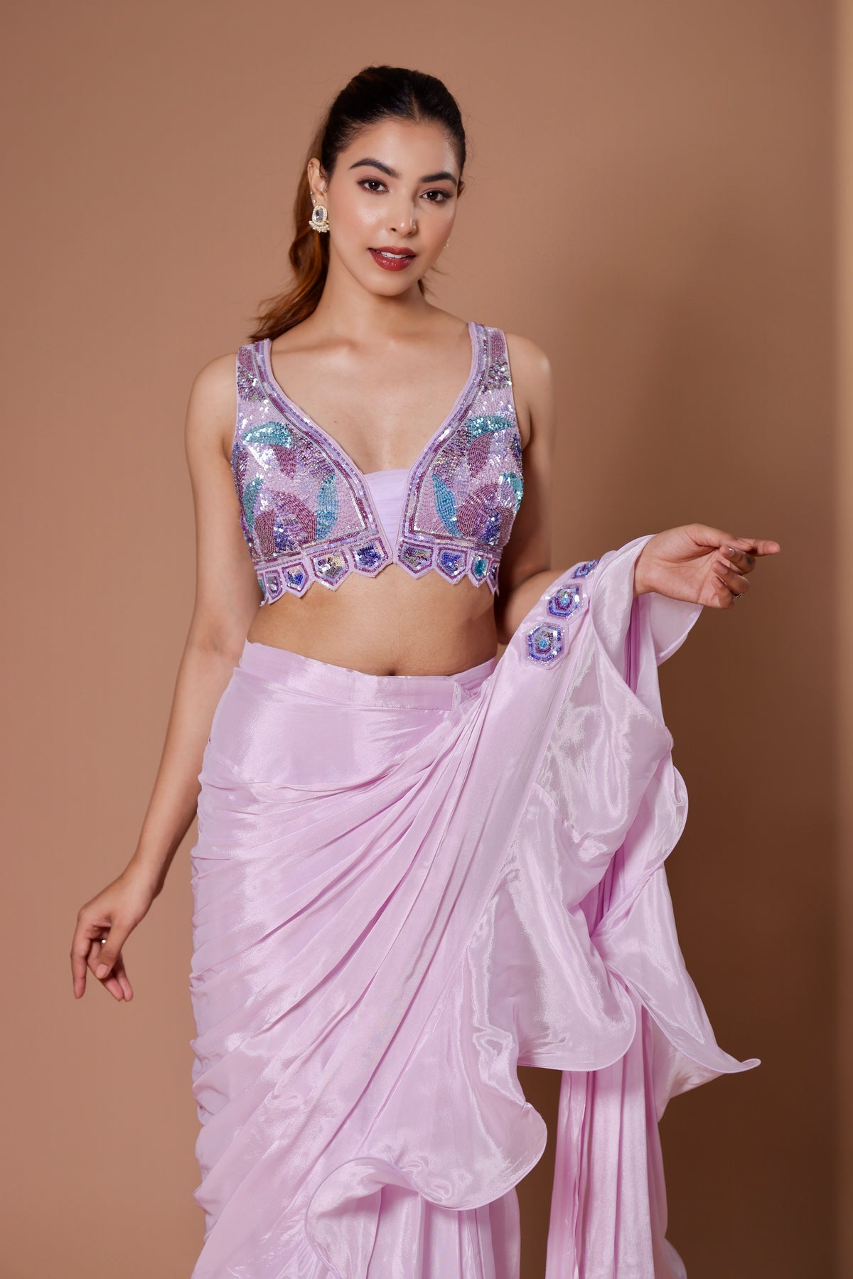 Lavender Chinon Pearls, Sequins Embellished Pre-draped Ruffle Saree