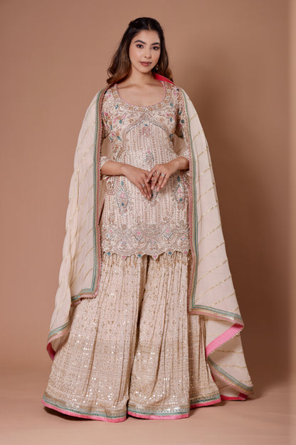 Ivory  Georgette Dabka, Sequins Embellished Garara Set