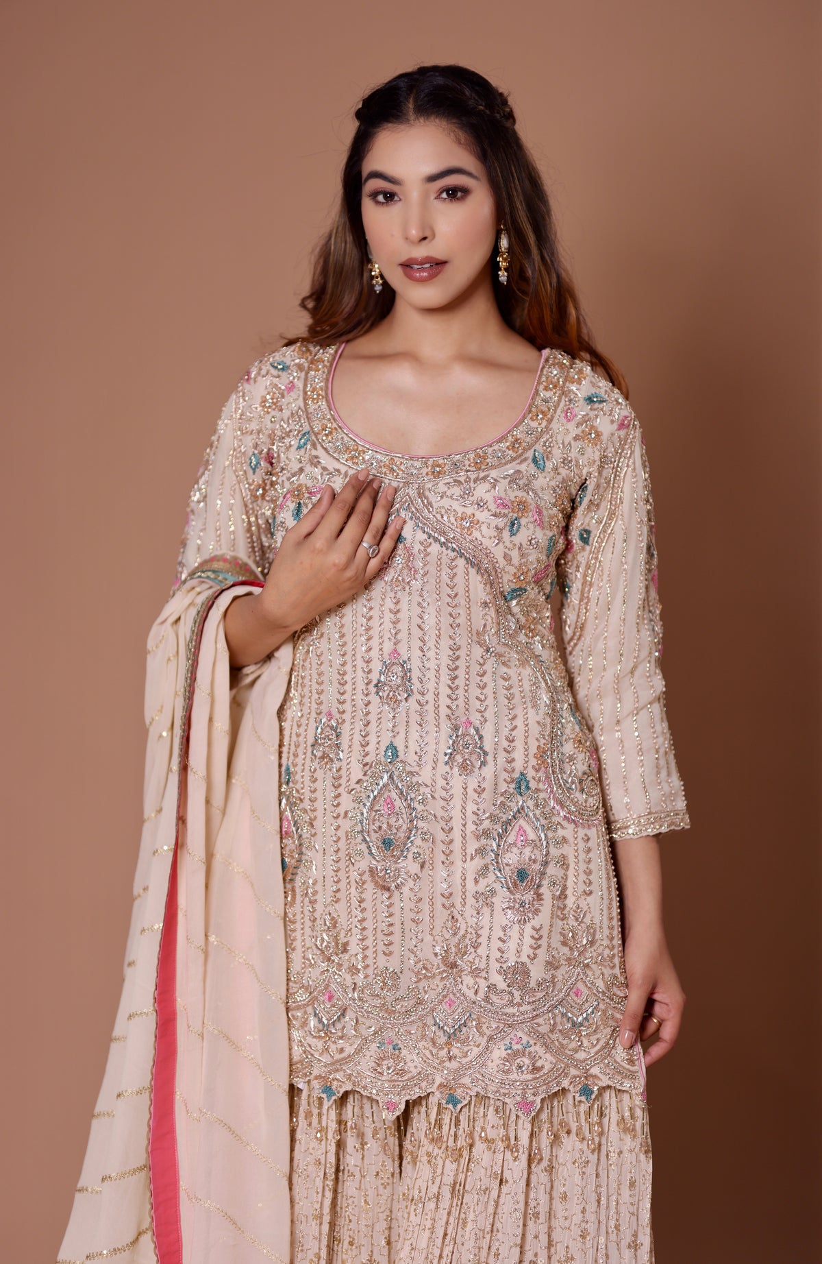 Ivory  Georgette Dabka, Sequins Embellished Garara Set