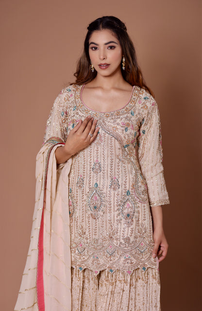 Ivory  Georgette Dabka, Sequins Embellished Garara Set