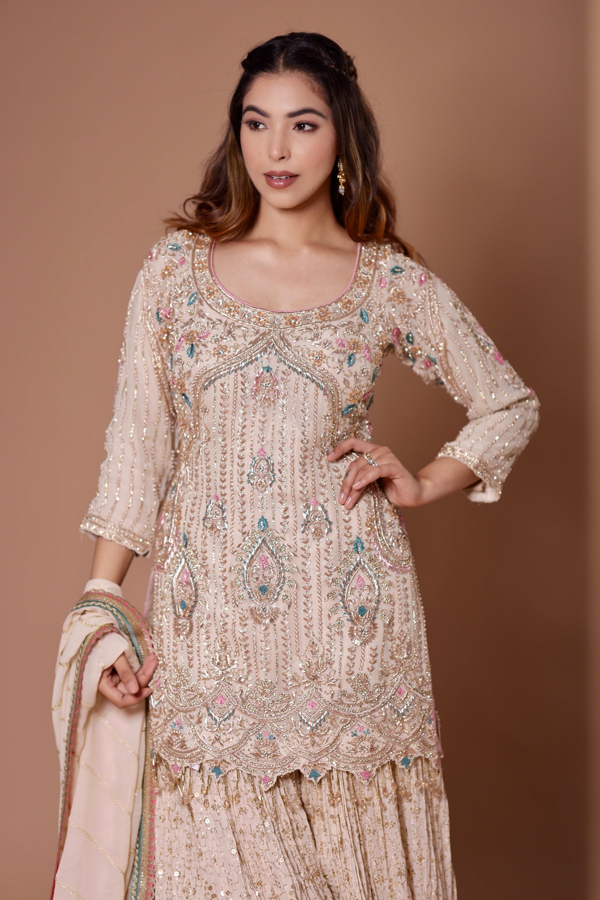 Ivory  Georgette Dabka, Sequins Embellished Garara Set