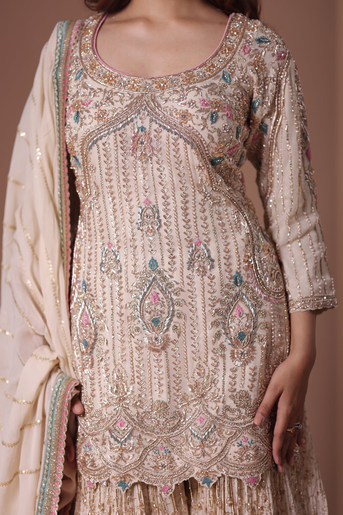 Ivory  Georgette Dabka, Sequins Embellished Garara Set