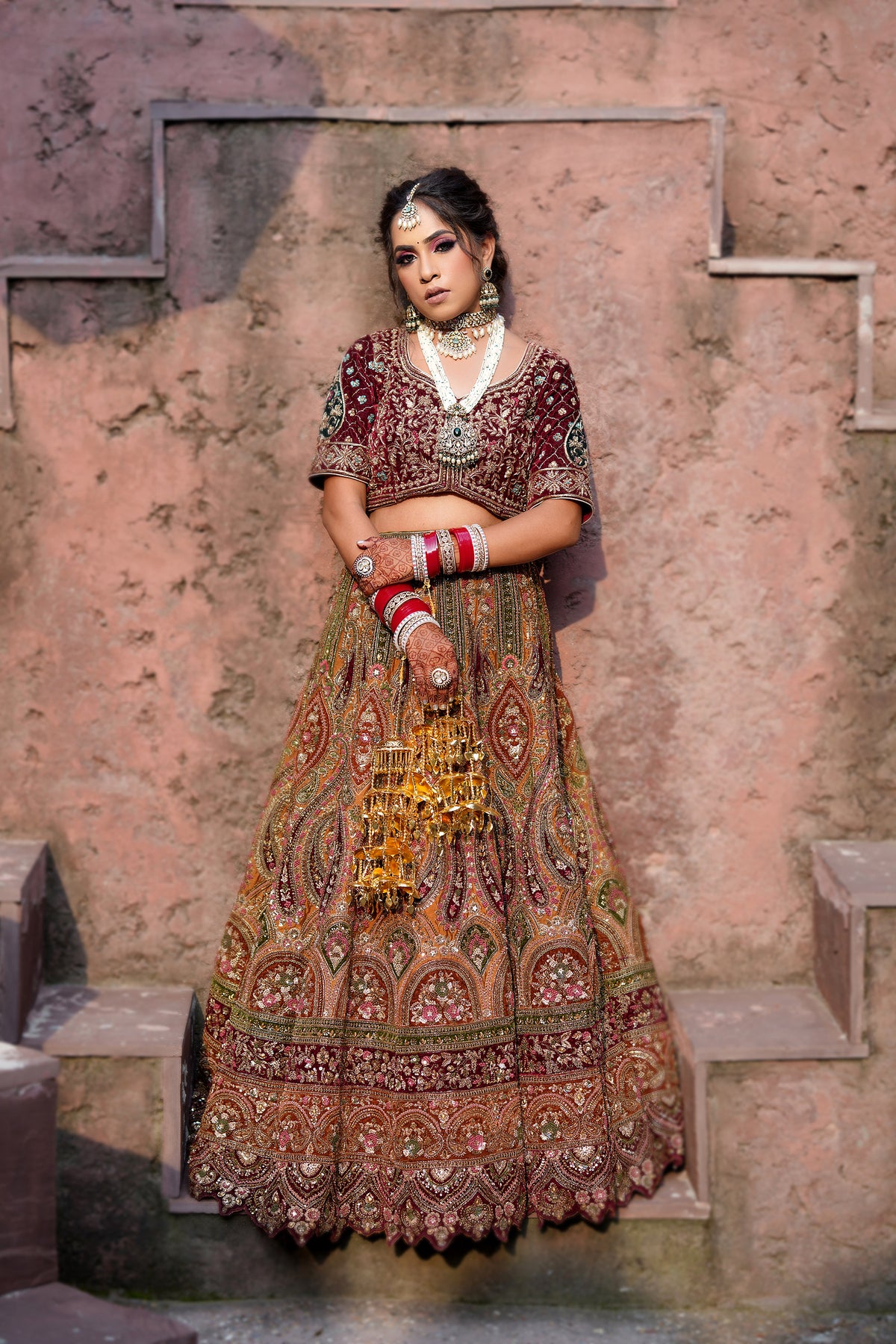Regal Maroon Bridal Lehenga, Micro Velvet with Embellishments