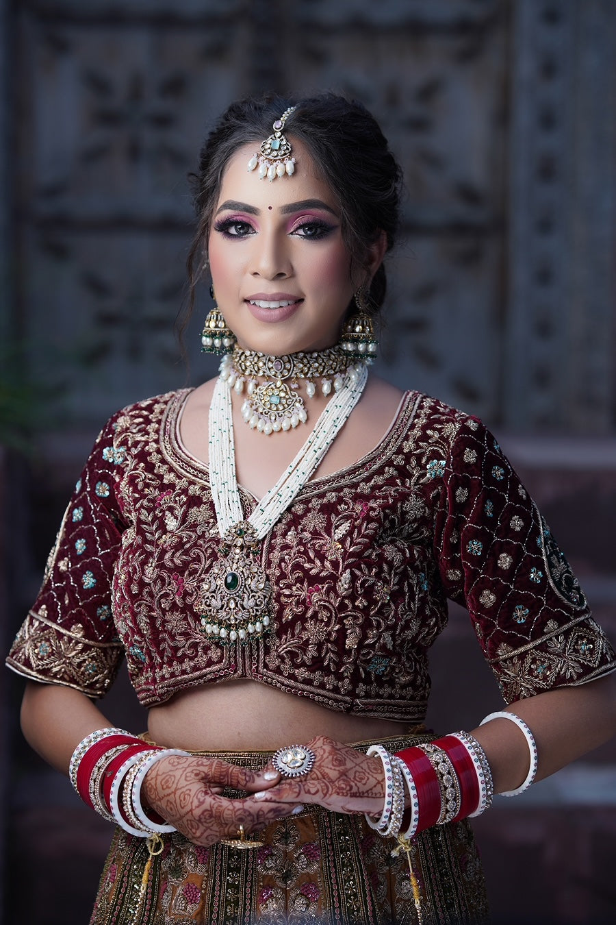 Regal Maroon Bridal Lehenga, Micro Velvet with Embellishments