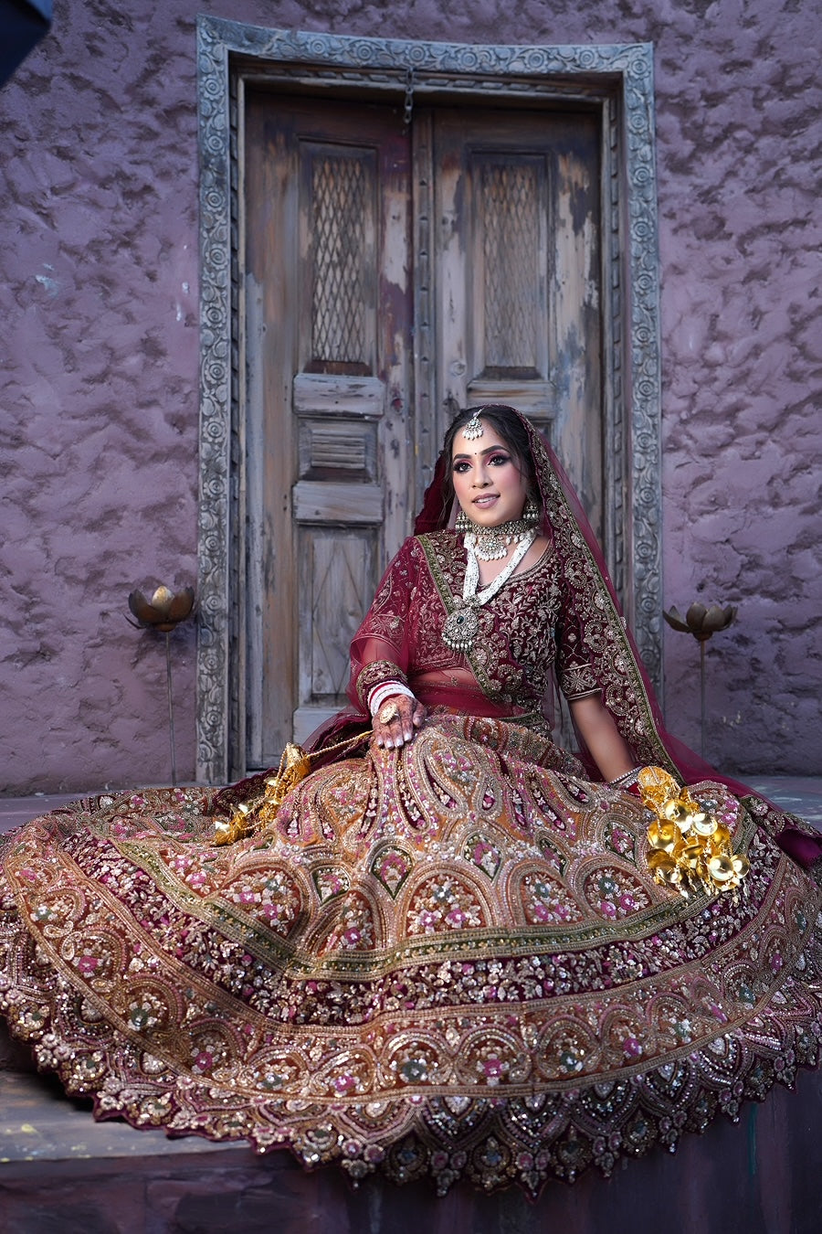 Regal Maroon Bridal Lehenga, Micro Velvet with Embellishments