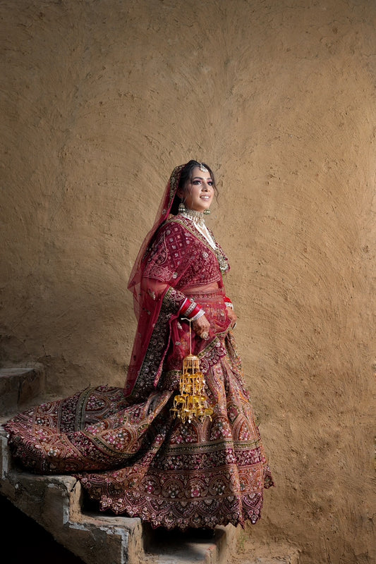 Regal Maroon Bridal Lehenga, Micro Velvet with Embellishments