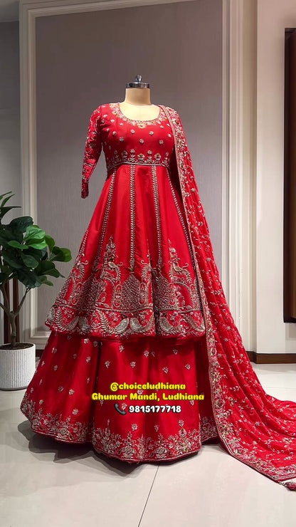 Orange Embroidered Anarkali Lehenga Set with Heavy Jaal Dupatta